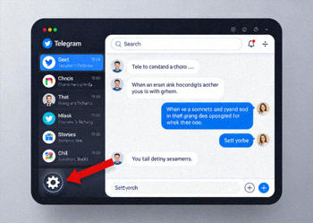 Telegram Desktop主界面截图，箭头指向左下角设置按钮