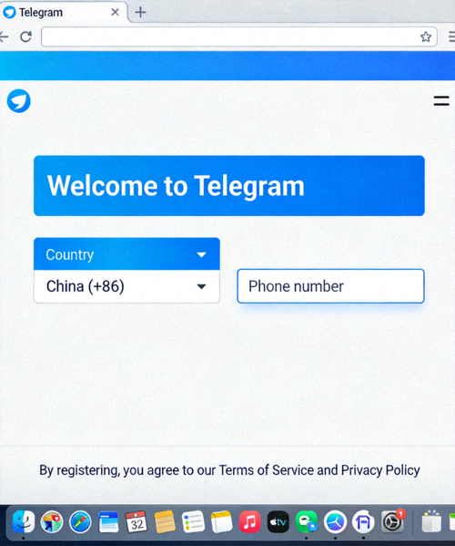 Telegram电脑版首次启动后的登录界面截图，显示国家选择与手机号输入框