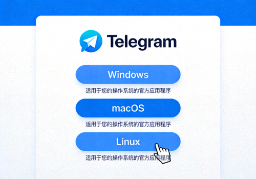 Telegram官方网站下载页面截图，显示Windows、macOS和Linux下载按钮