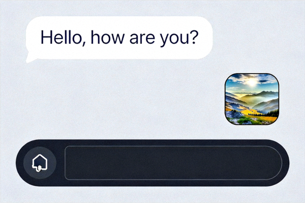 Telegram聊天界面示意图，显示消息输入框、附件按钮和已发送的文本与图片消息