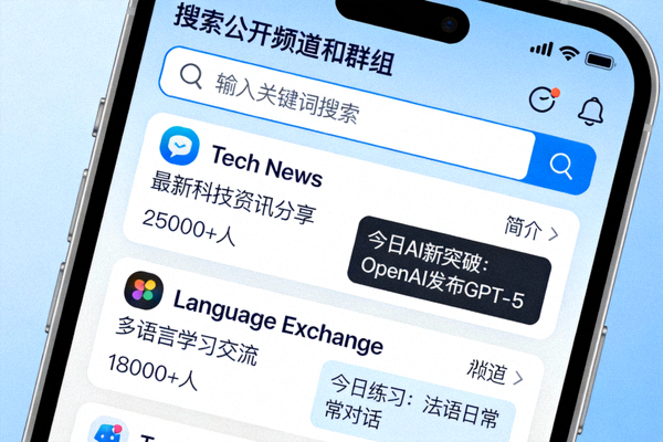 Telegram搜索公开频道和群组的界面示例，显示搜索结果列表