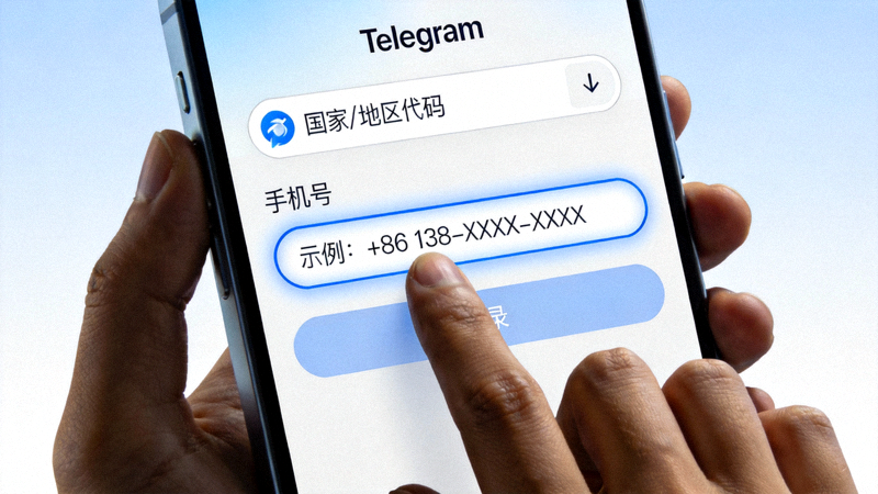 Telegram应用启动界面，显示国家代码选择下拉菜单和手机号码输入框