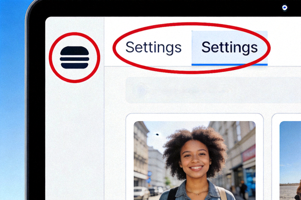 Telegram桌面版设置菜单位置截图，红圈标注汉堡菜单和Settings选项