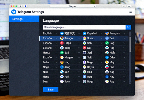 Telegram桌面版设置中Language语言选择界面截图